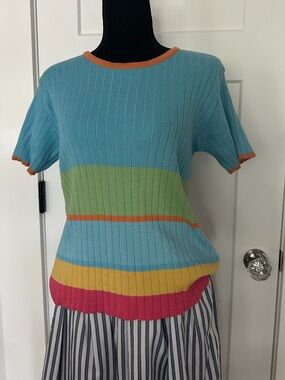 Liz Claiborne Sky Blue Ribbed Short-Sleeve Top with Multi-Color Stripes